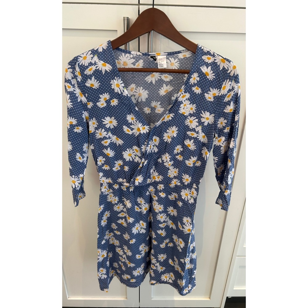 H&M Divided Dress Daisy Print Blue White V-Neck‎ 3/4 Sleeve Size 6